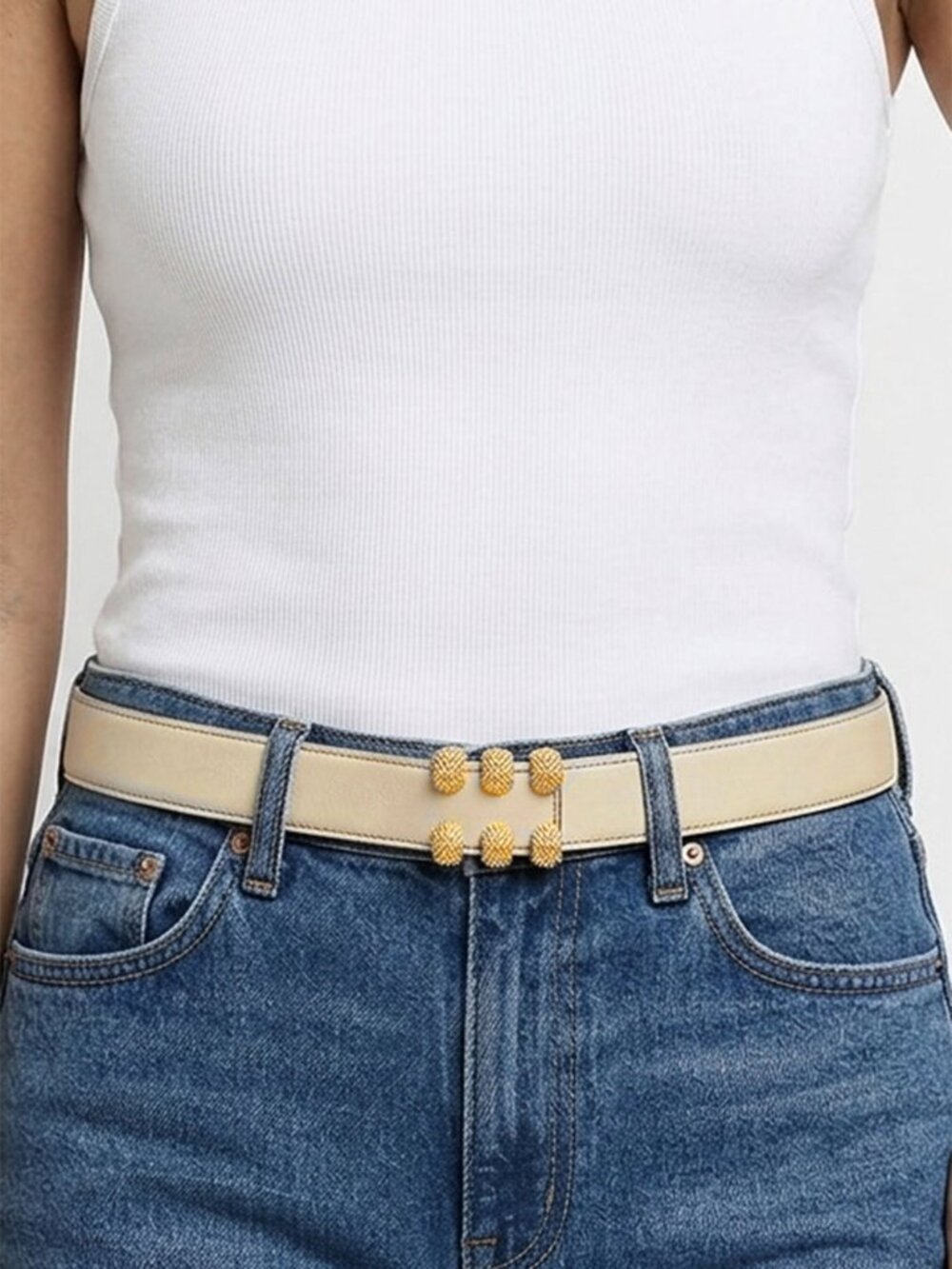 Vintage TILLA Leather Belt Gold Studded Claw Pin Buckle Italy 80s Cream Beige